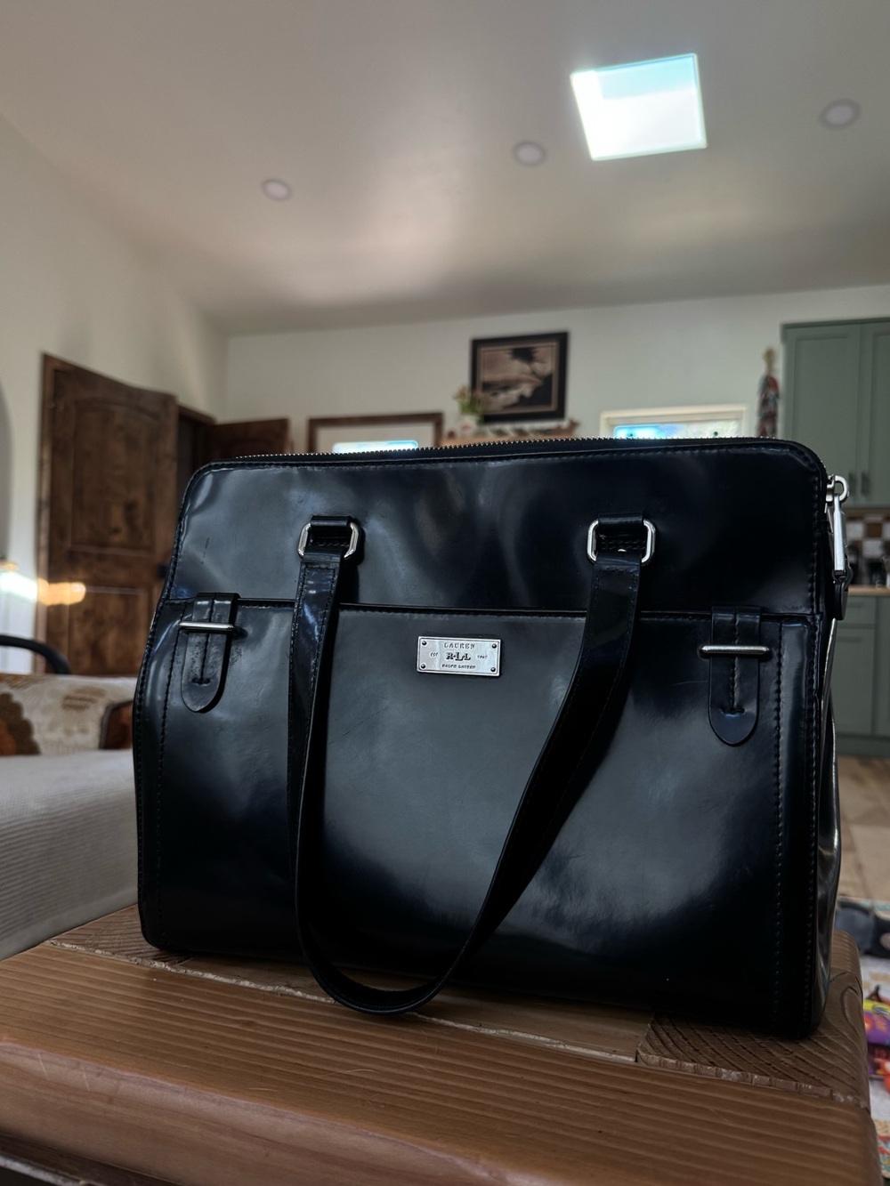 Black Ralph Lauren Leather Briefcase Tote - Classic Professional Work Bag